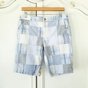 L.L. Bean Blue White Tan Madras Plaid Favorite Fit Bermuda Shorts Womens Size 6